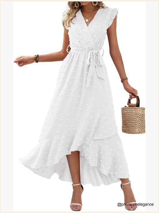 Dresses & Skirts - Swiss Dot Maxi Dress with V-Neck, Cap Sleeves, and Tie Waist